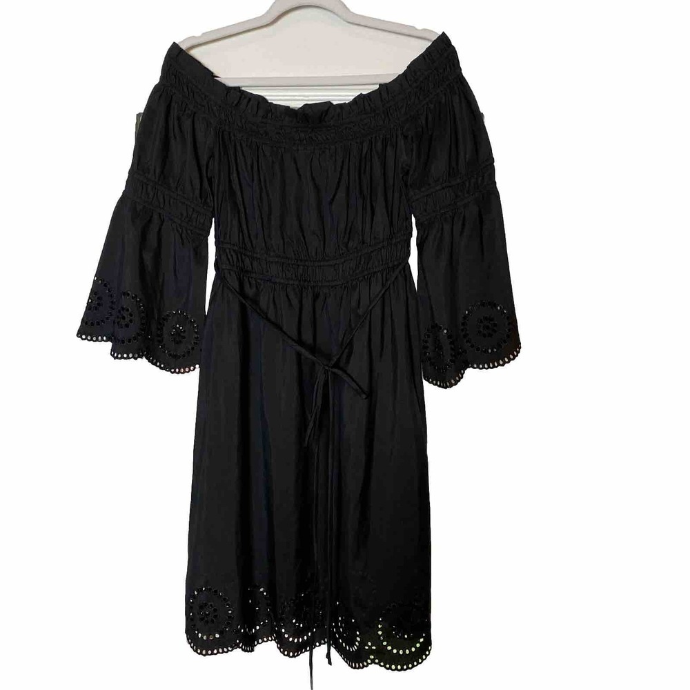 Rainbow Dress‎ Size 8 Black Eyelet Hem Off Shoulder Sleeves Tie Belt Peasant